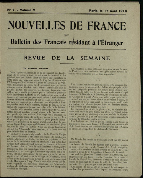 Nouvelles de France et Bulletin des Français résidant à l'étranger : chronique hebdomadaire de la presse française